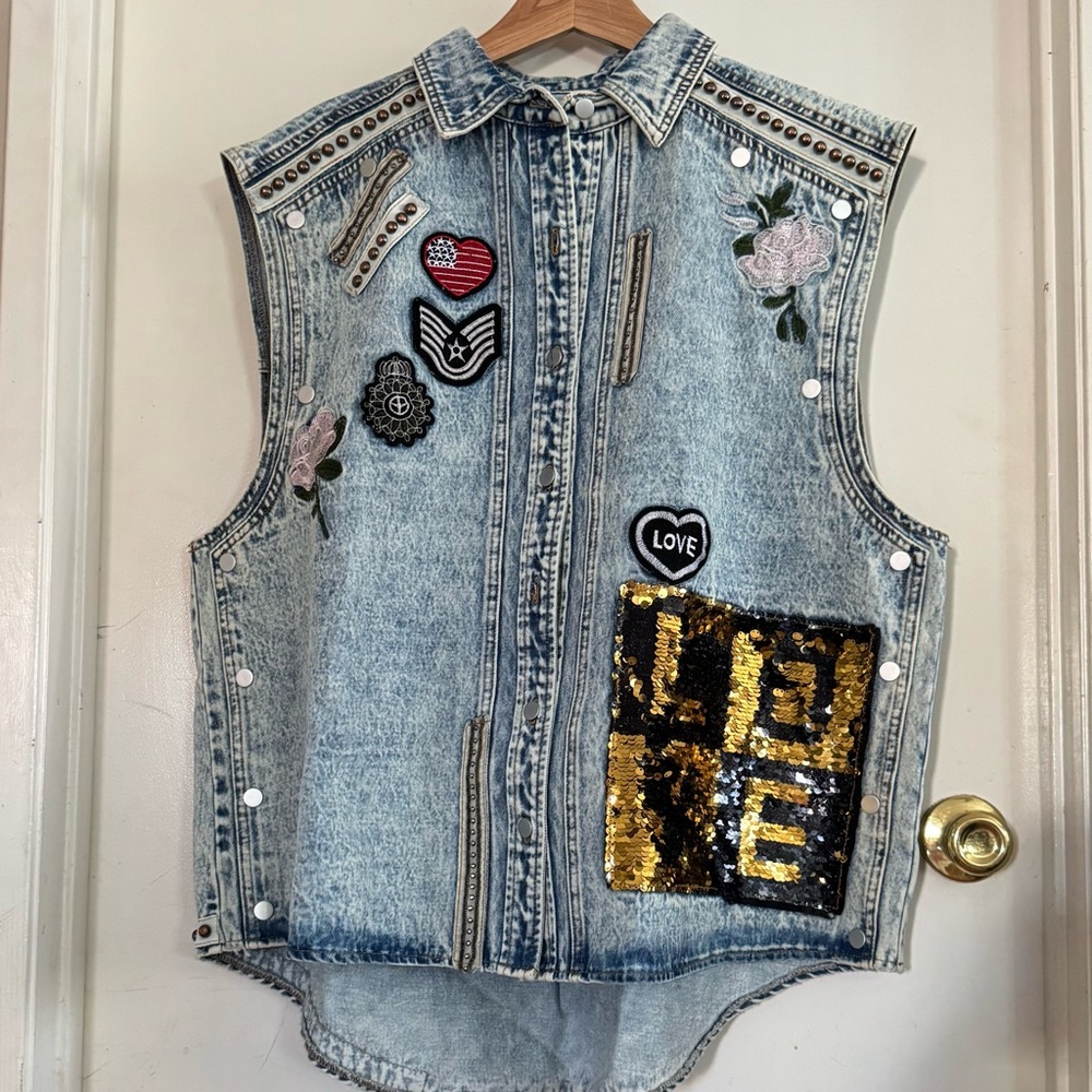 POL Blue Denim oversized Vest with Heart Patch LOVE sequins